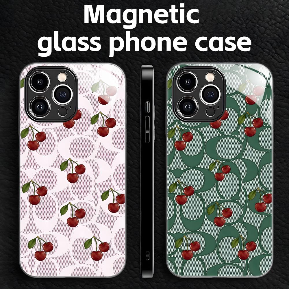 Phone Cases Otterbox - iPhone18、17、16、15、14、13、12、11、X、XR、XS、Plus、Mini、Pro Max対応、チェリー柄の高級感あふれるスマートフォンケース。ガラス製で、磁石が内蔵されています。