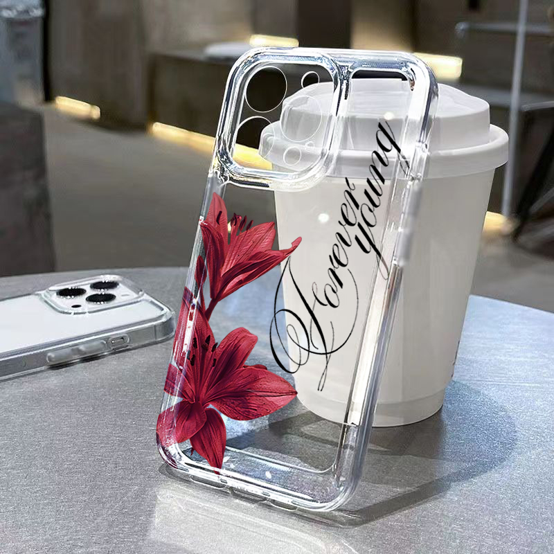 Phone Cases Otterbox - バーガンディカラーのユリ柄と英字デザインのiPhone用ケース。対応機種：iPhone 18、17、16、15、14、13、12、11 Pro Max、XS、X、XR、7、8 Plus、17E、Air Cover。