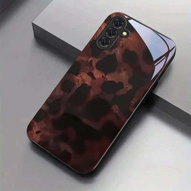Phone Cases Brown - 茶色と黒の斑点模様が施された、Samsung Galaxy S26、S25、S24、S22、S21、S20 FE/Ultra/Plusに対応した、落下防止機能付きのガラス製スマートフォンケース。