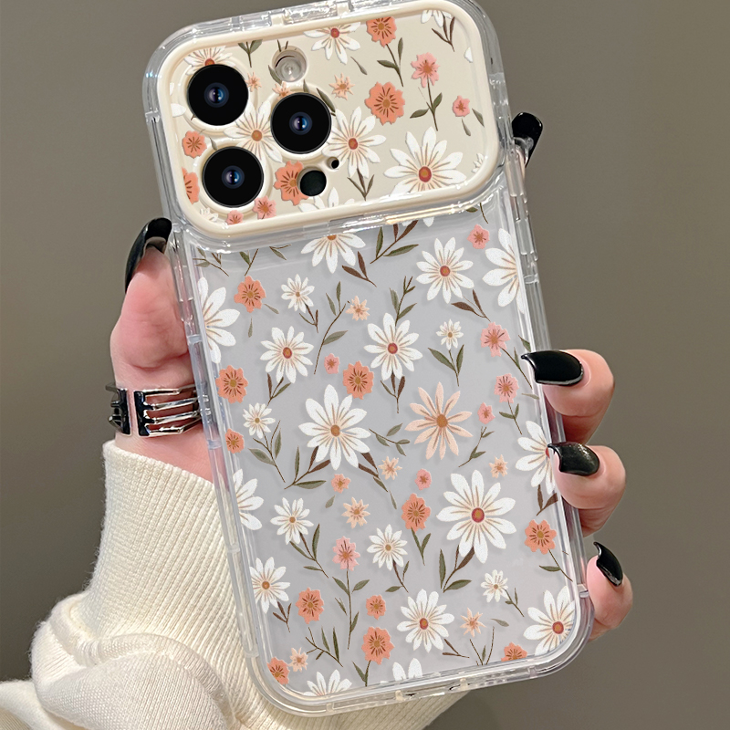 Phone Cases Vintage - フリップレンズミラー付きスマホケース ヴィンテージデイジー柄クリア透明カバー iPhone 17 16 15