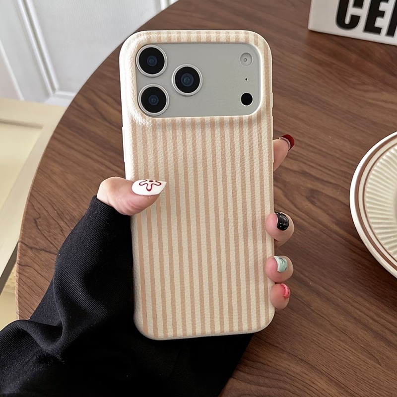 Phone Cases Brown - ブラウンとホワイトのストライプ柄ライチテクスチャソフトフォンケース iPhone 17 16 Pro Max