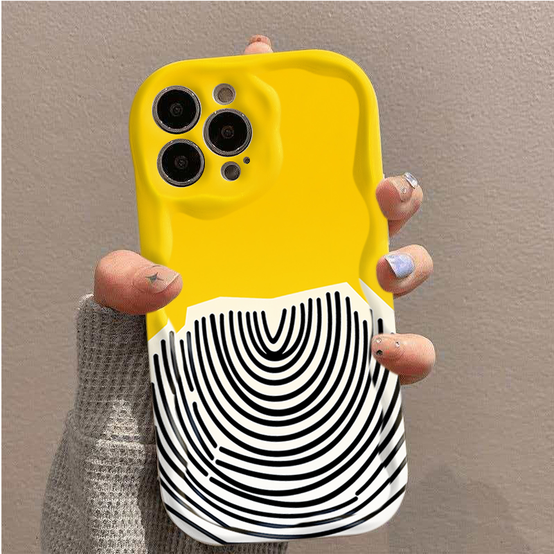 Phone Cases Arc - 黄色の背景に黒のアークパターン、シンプルな抽象デザインのiPhoneケース（iPhone 11、12、13、14、15、16、17 Pro Max Plus、17e対応）