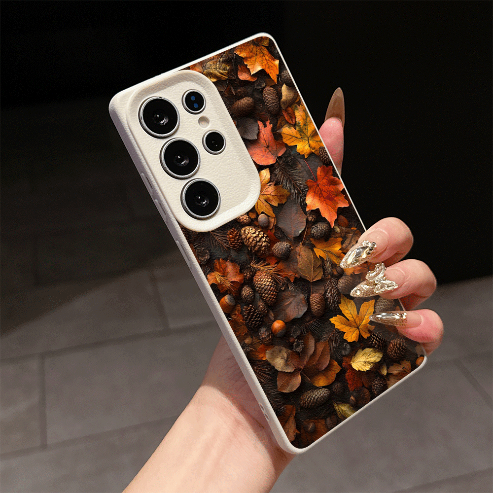 Phone Cases Vintage - ヴィンテージ風秋の紅葉と松ぼっくり柄のライチ柄スマホケース、Samsung Galaxy S26FE S25 Ultra S24