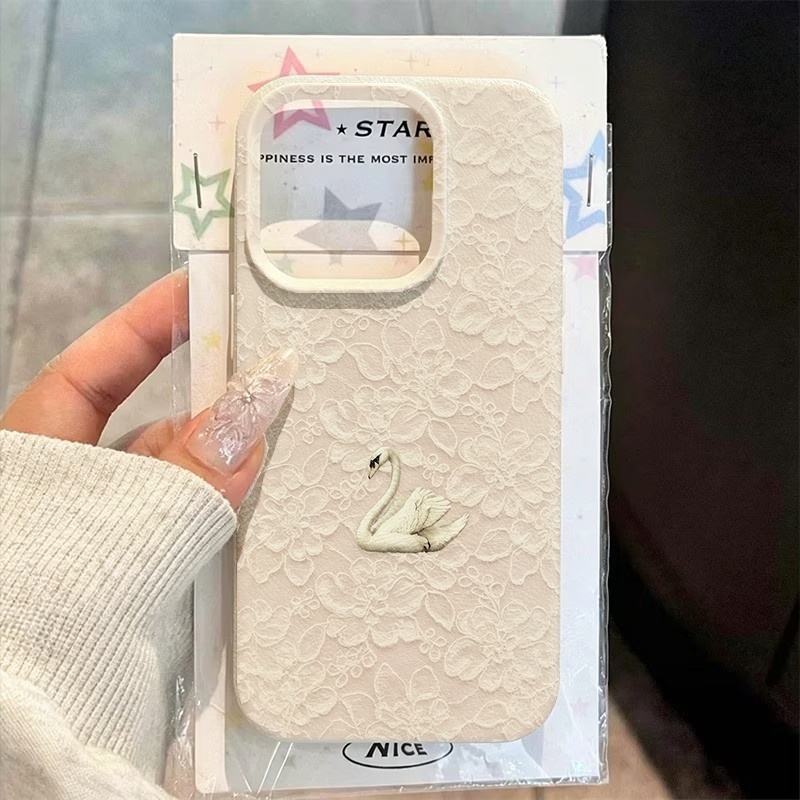 Phone Cases Popular - レーススワン柄ライチテクスチャスマホケース iPhone 17 16 15 Pro