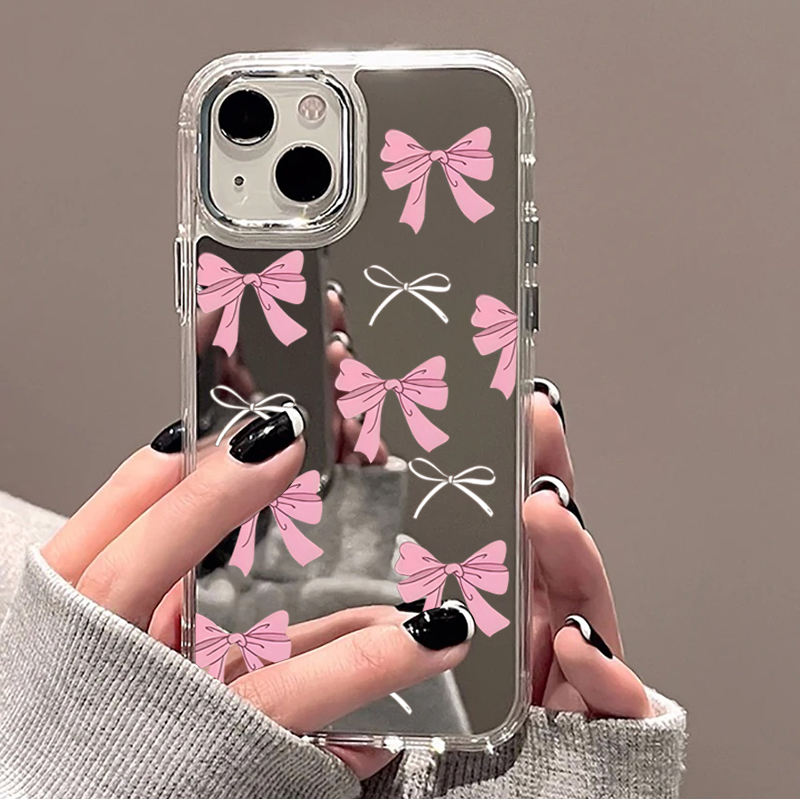 Phone Cases Cute Iphone 13 - かわいいピンクと黒のリボン柄ミラー付きスマホケース iPhone 17 16 Pro Max