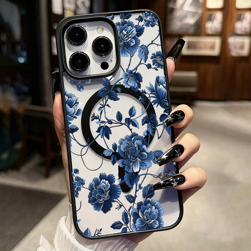 高級ヴィンテージブルーフローラルマグネット式iPhoneケー - Phone Cases Vintage のレビューと価格