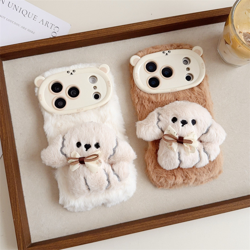 3D漫画風リボン付き子犬のふわふわぬいぐるみスマホケース i - Phone Cases Popular のレビューと価格
