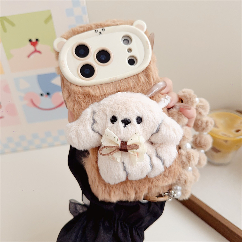3D漫画風リボン付き子犬のふわふわぬいぐるみスマホケース i - Phone Cases Popular のレビューと価格