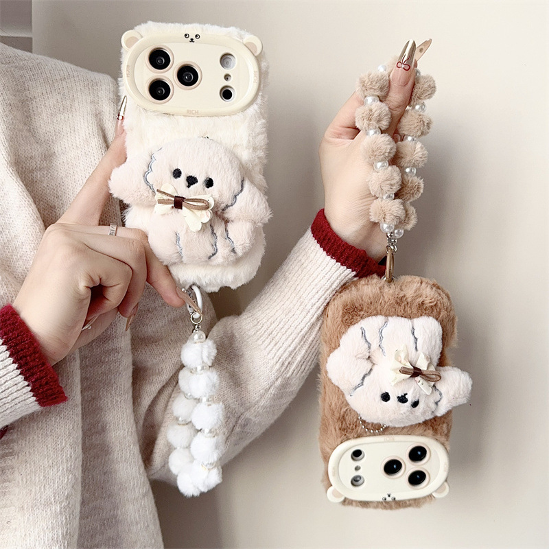 3D漫画風リボン付き子犬のふわふわぬいぐるみスマホケース i - Phone Cases Popular のレビューと価格