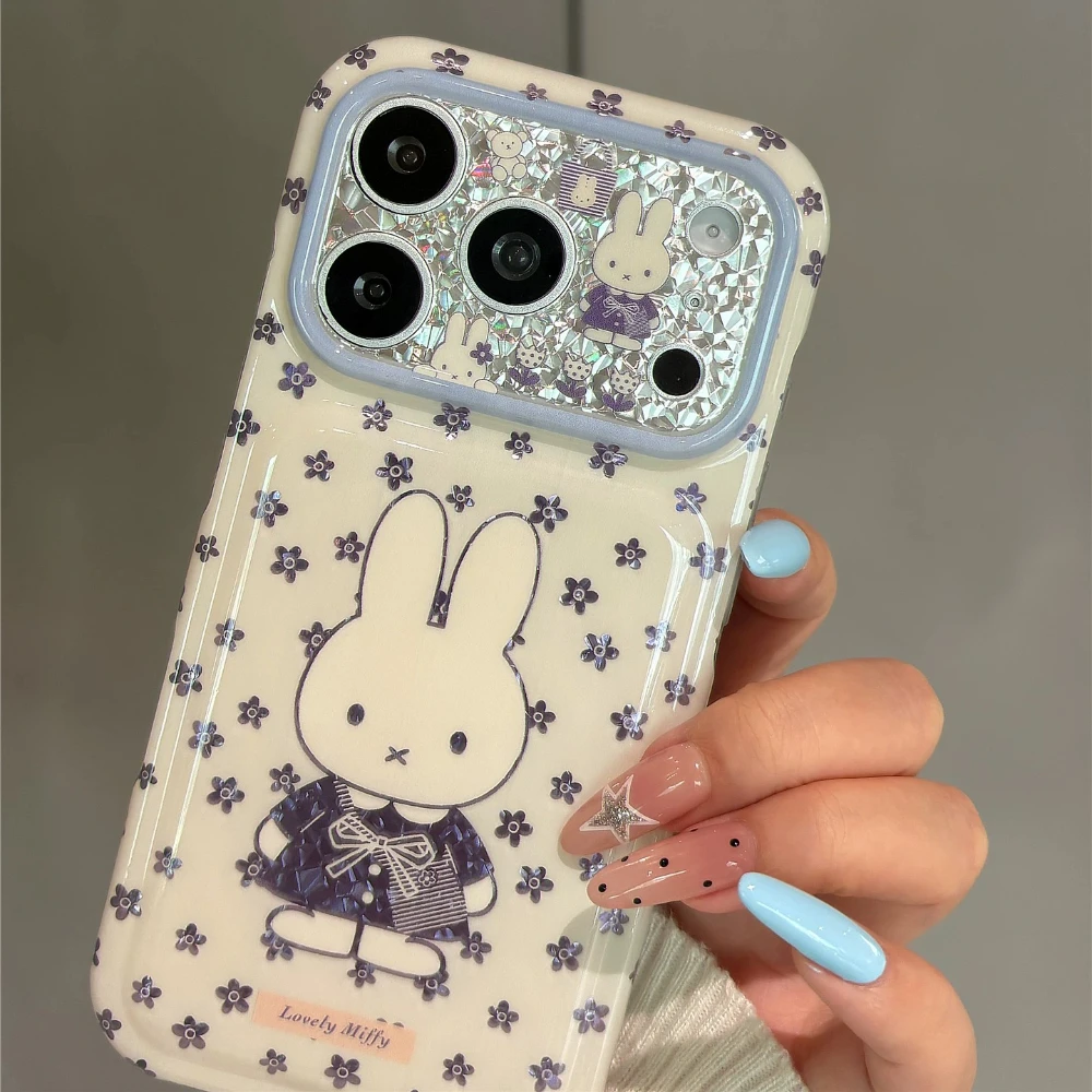 かわいい韓国風のミッフィーのウサギと花の柄が描かれた、iPh - Phone Cases Purple のレビューと価格