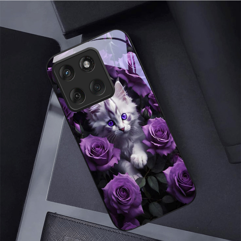 子猫と紫のバラ柄の黒いガラス製携帯電話ケース、モトローラモト - Phone Cases Purple のレビューと価格