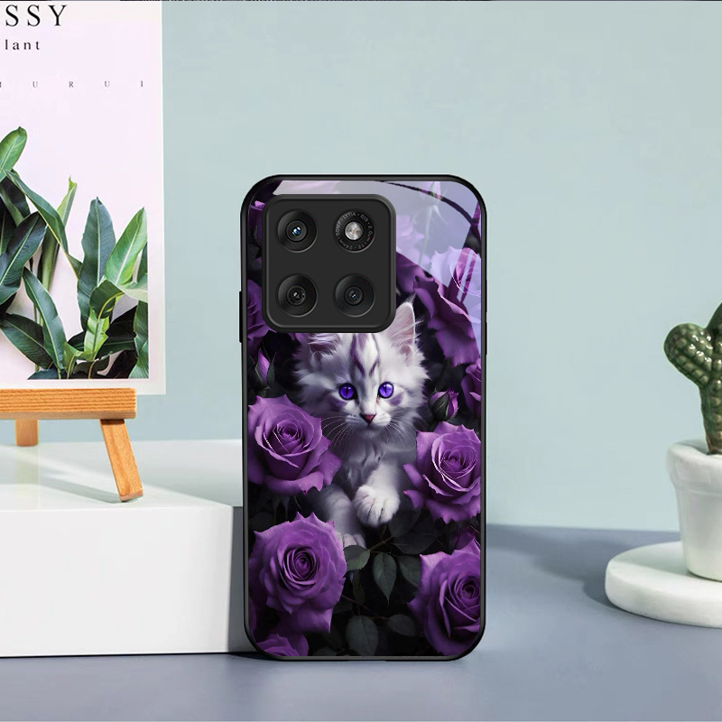 子猫と紫のバラ柄の黒いガラス製携帯電話ケース、モトローラモト - Phone Cases Purple のレビューと価格