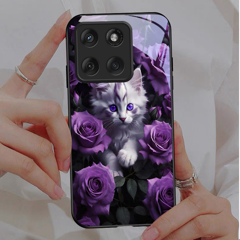 子猫と紫のバラ柄の黒いガラス製携帯電話ケース、モトローラモト - Phone Cases Purple のレビューと価格