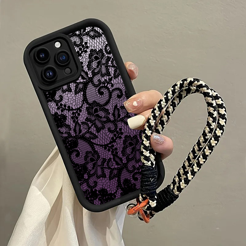 黒紫レースハングストラップ付きスマホケース Samsung  - Phone Cases Purple のレビューと価格