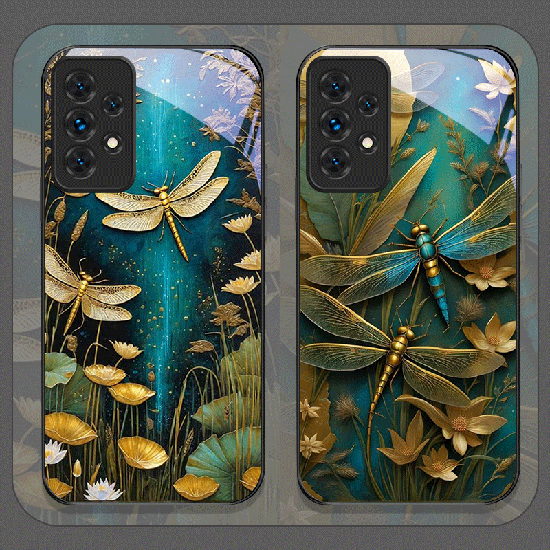 花柄ゴールデン・ドラゴンフライ強化ガラス製スマホケース Sa - Phone Cases For Samsung A14 のレビューと価格