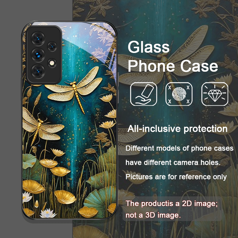 花柄ゴールデン・ドラゴンフライ強化ガラス製スマホケース Sa - Phone Cases For Samsung A14 のレビューと価格