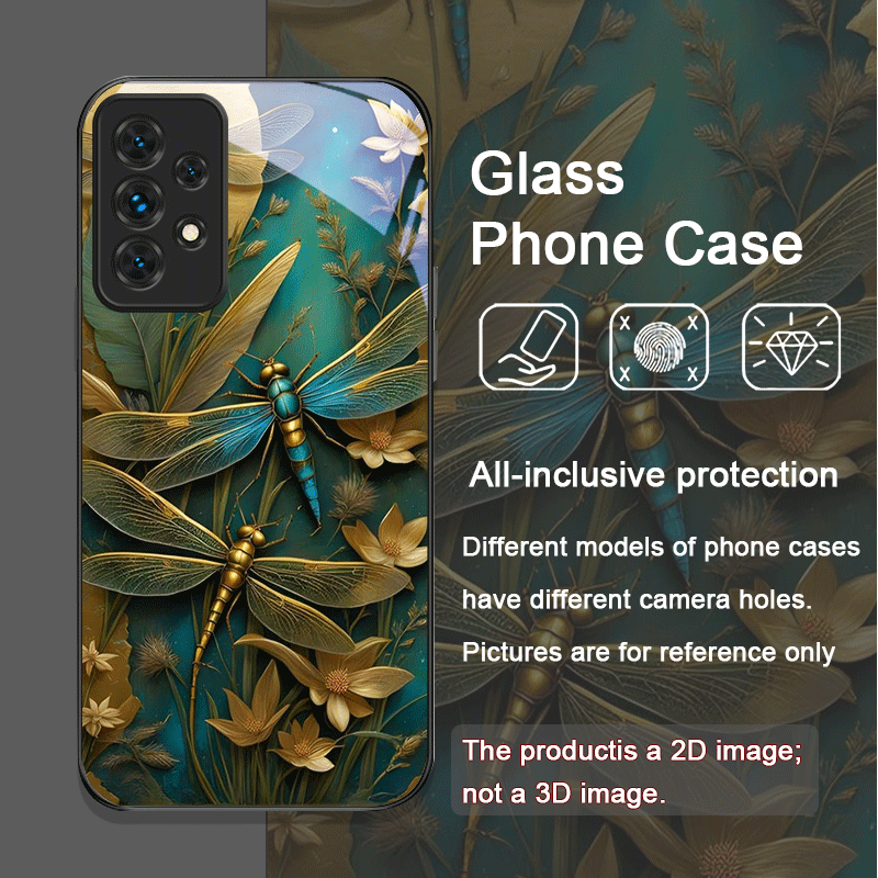花柄ゴールデン・ドラゴンフライ強化ガラス製スマホケース Sa - Phone Cases For Samsung A14 のレビューと価格