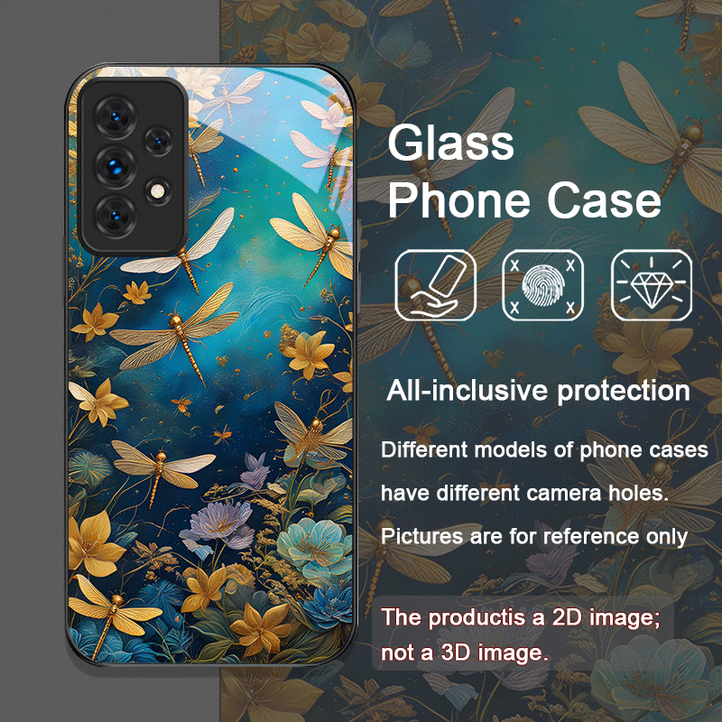 花柄ゴールデン・ドラゴンフライ強化ガラス製スマホケース Sa - Phone Cases For Samsung A14 のレビューと価格