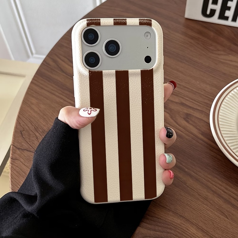 ブラウンとホワイトのストライプ柄ライチテクスチャソフトフォン - Phone Cases Brown のレビューと価格