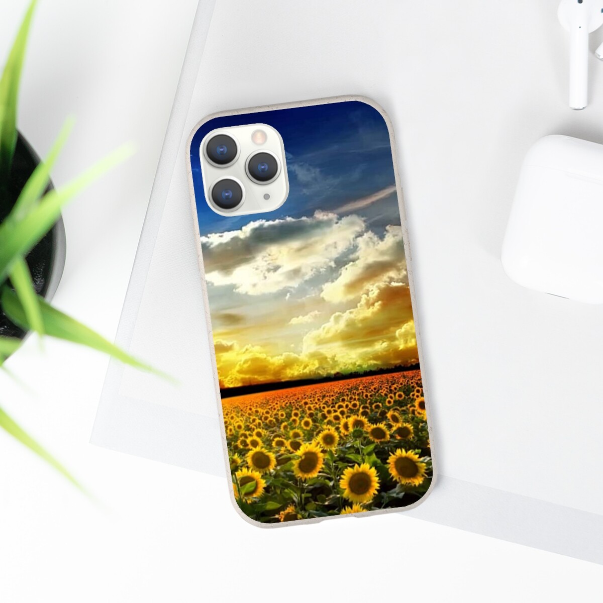 美しい風景のひまわり柄透明携帯電話ケース iPhone用生分 - Phone Cases Biodegradable のレビューと価格
